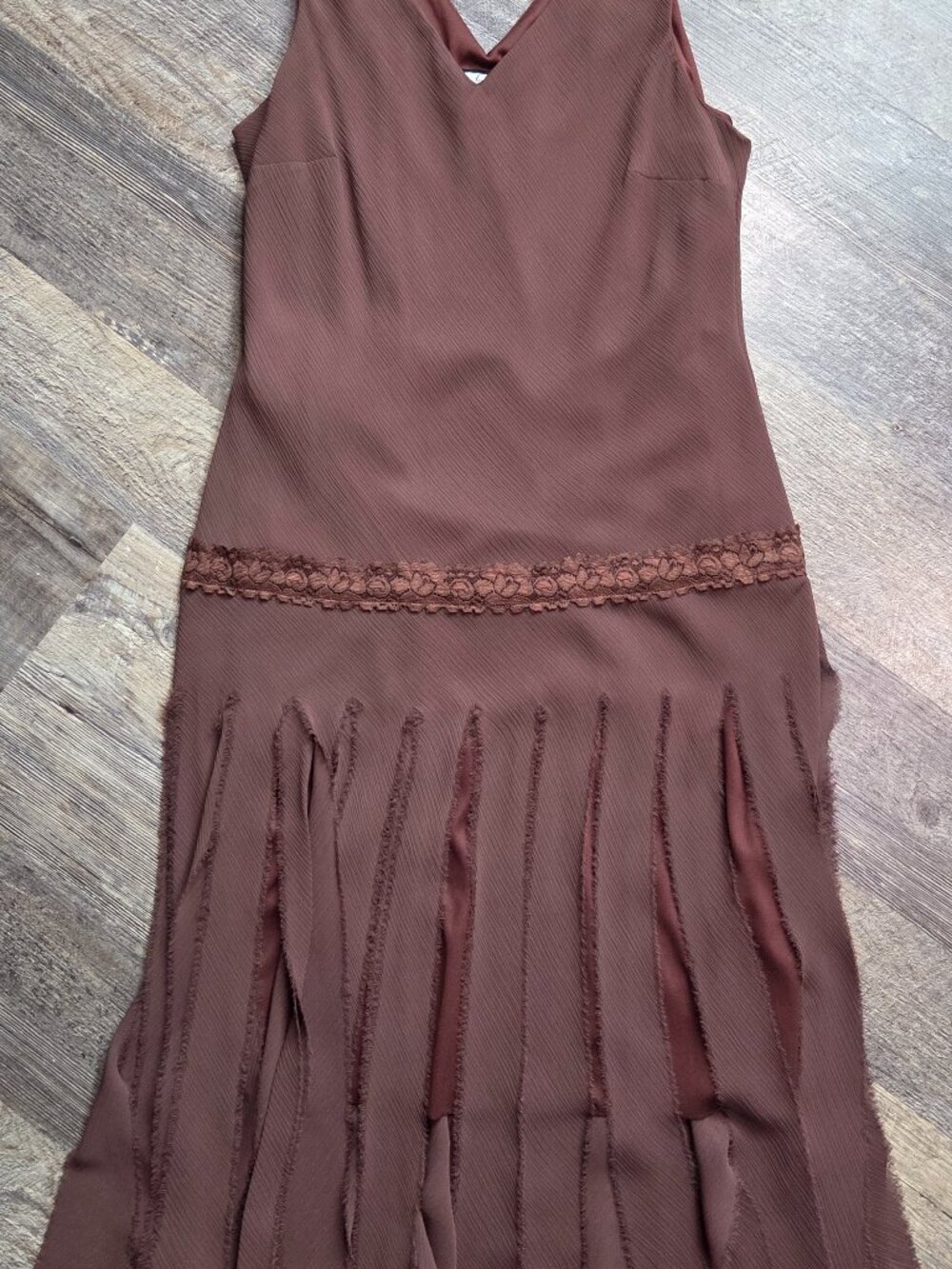 Y2K Believe Petite Midi Dress Chocolate Brown Fringe Skirt Sz 14-P Sleeveless